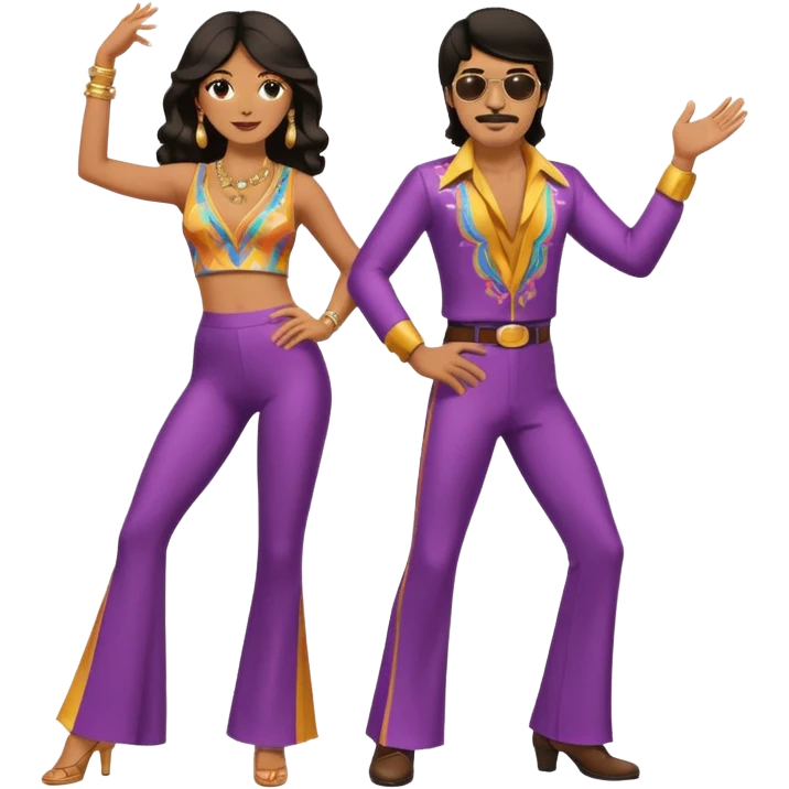 hombre y mujer bailando con ropa de disco de los 70s ambos con pantalones largos, ambos de pelo oscuro emoji