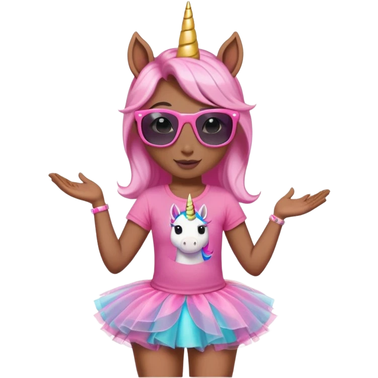 friendly anthropomorphised female unicorn in tutu and pink t-shirt, wearing dark sunglasses, standard pose, head and shoulders portrait emoji