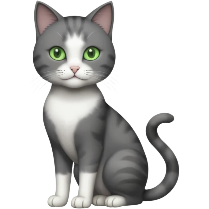 full body view of beautiful female solid dark grey cat with green eyes, grey face, white toes and white patch on chest emoji