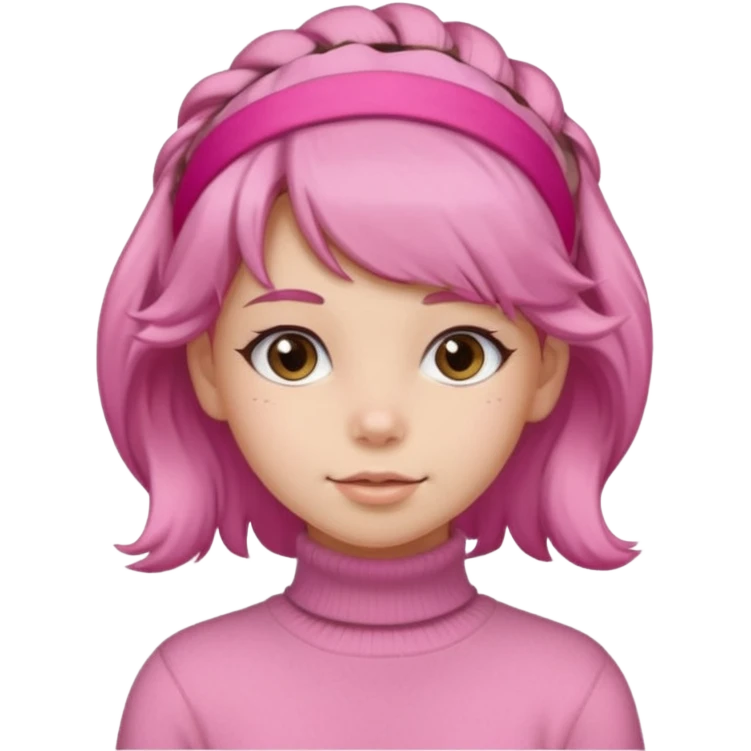 brown fluffy haired girl with pink turtleneck sweater and pink hair band emoji