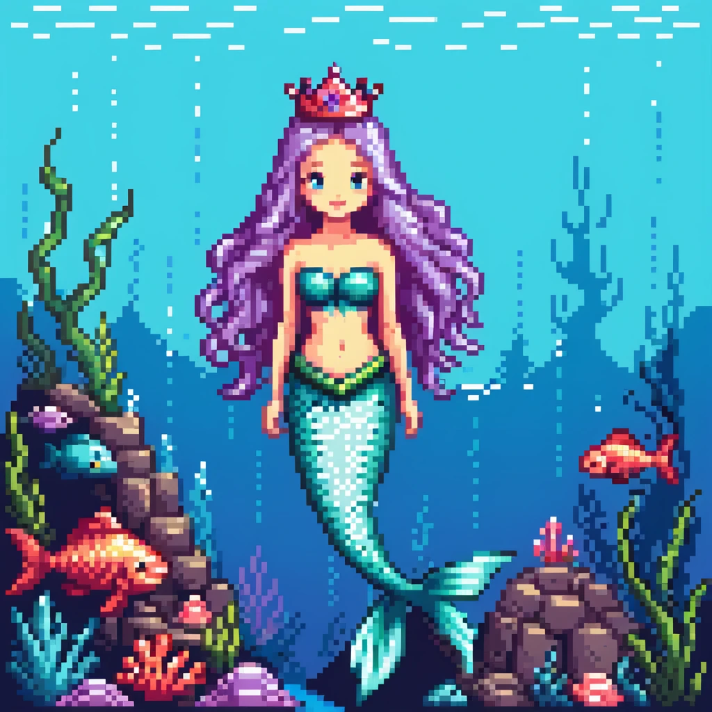 Dark brown skin mermaid princess with crown and shimmering tail in underwater kingdom emoji