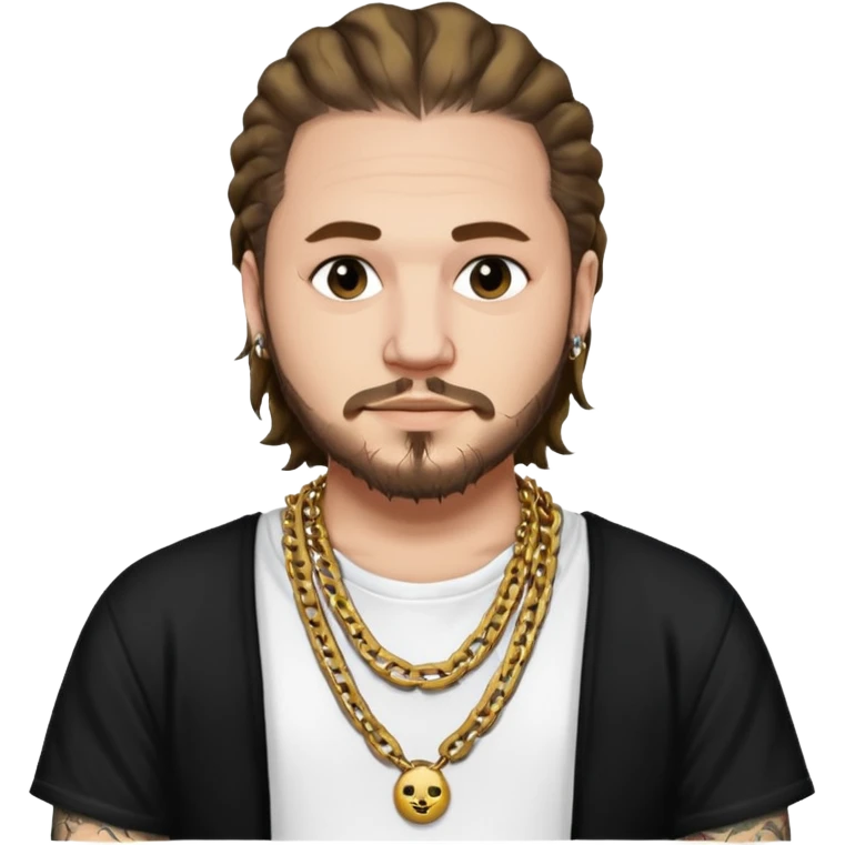 post malone with gold chain necklace, having tattooed emoji