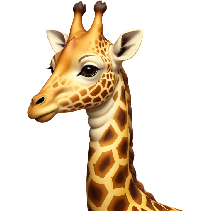 Cinematic Noble Giraffe Portrait Emoji, Poised and regal, with a towering, elegant build and a stunning, patterned Fur of warm yellows and browns, long, graceful neck and soulful, gentle eyes, Simplified yet sharp and sophisticated features, highly detailed, glowing with a soft, dignified glow, high shine, intelligent and graceful, stylized with an air of savannah majesty, focused and attentive, soft glowing outline, capturing the essence of a watchful and confident giant, so majestic it feels as though it could stretch out of the screen with effortless authority! emoji