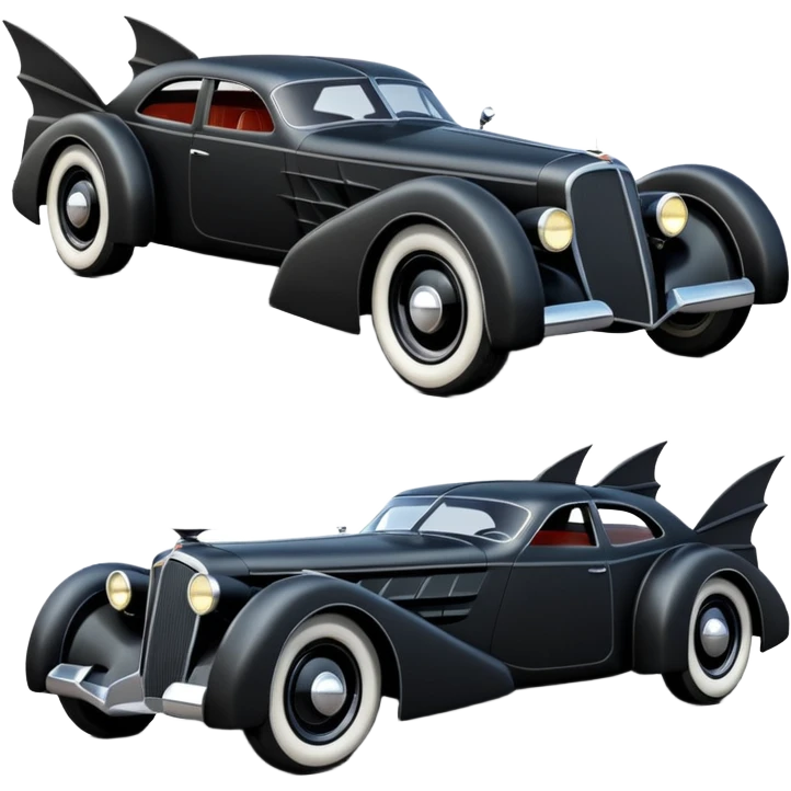  the animated series aerodynamic opulent dark futuristic concept Batmobile loosely based on 1933 V16 Cadillac wagon (flat long straight faceted mechanical body) winged stealthy street hot rod  emoji