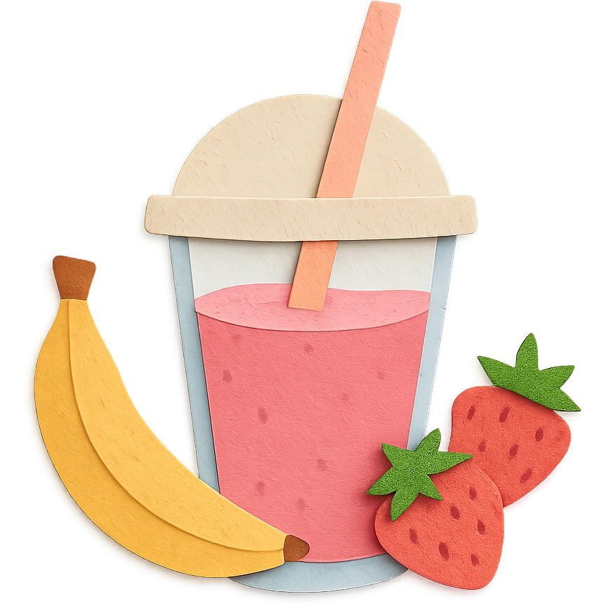 paper craft style protein shake with banana and strawberries around emoji