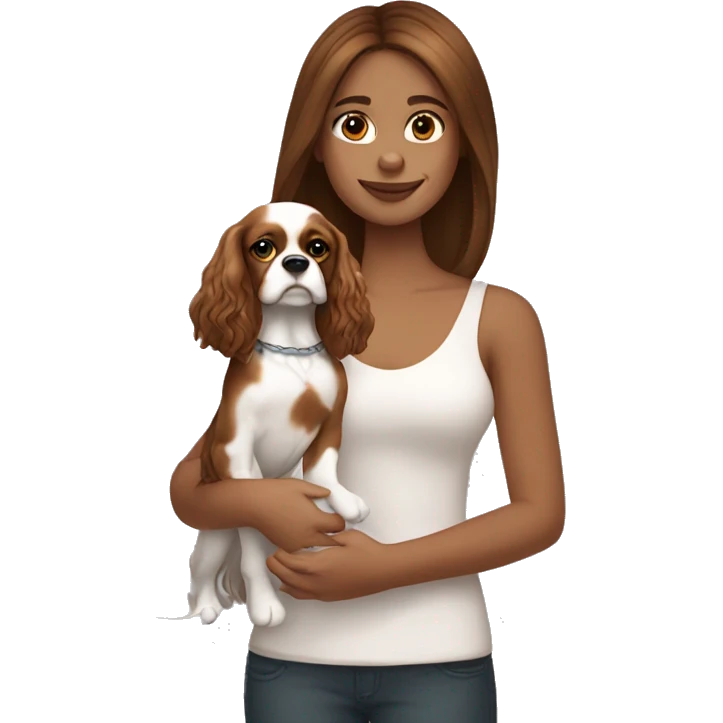 white girl , brown straight medium hair, holding happy king charles spaniel  emoji