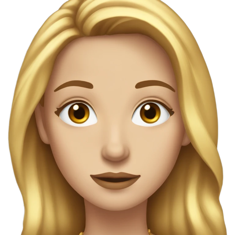 Woman with light brown hair and blue eyes and long (but not unnaturally long) eyelashes with gold necklaces on emoji