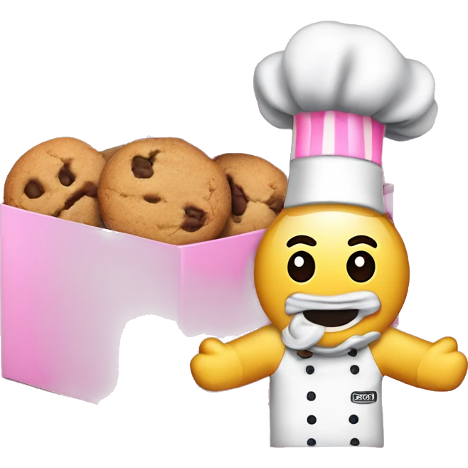 “A pink rectangular box with the Crumbl Cookies logo—a cartoon chef’s head with a cookie in the hat and ‘crumbl cookies’ in lowercase text underneath.” emoji