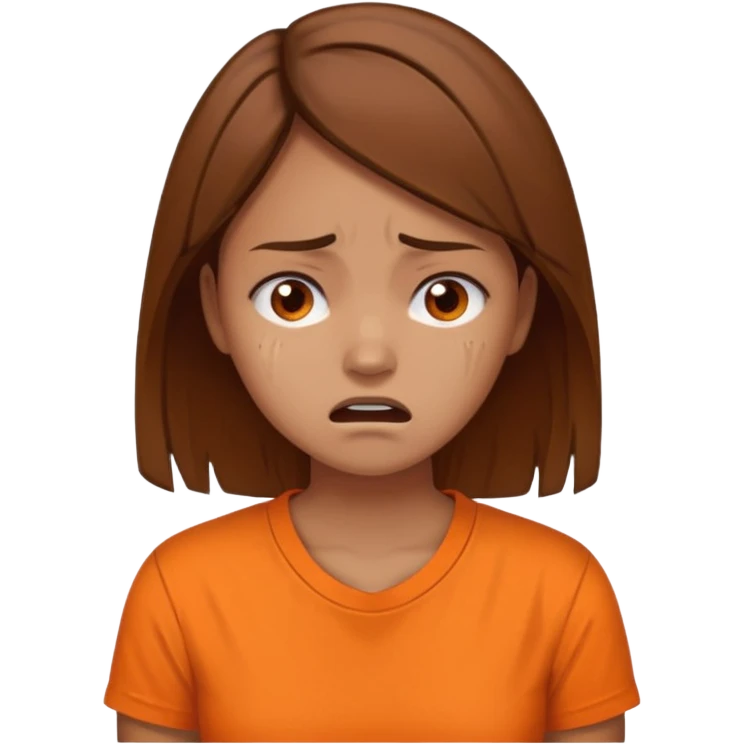 25 year old woman in orange shirt, she looks like she is in pain. She has brown hair emoji
