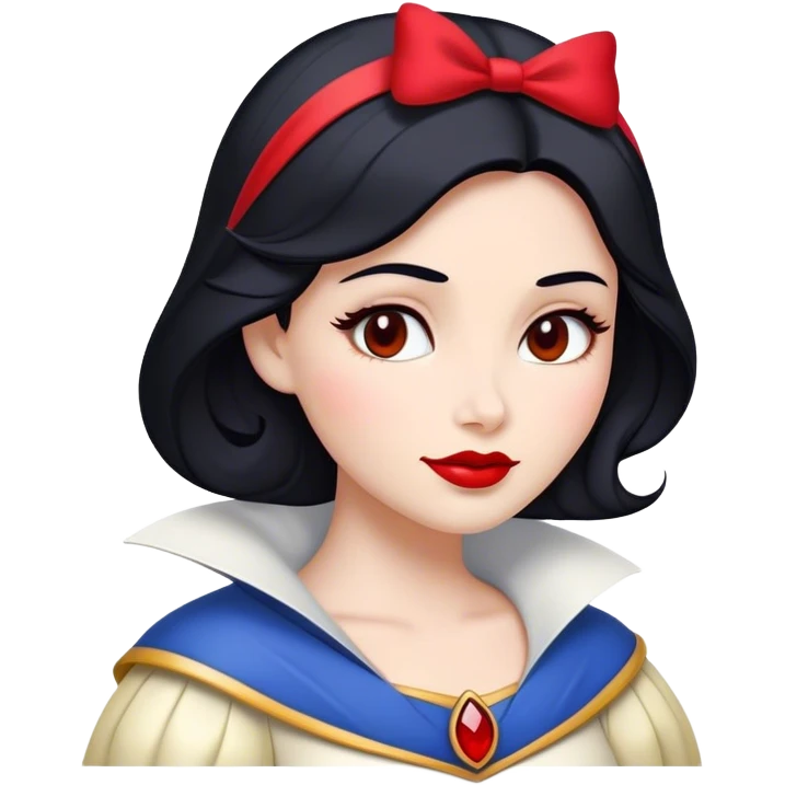 Cinematic Majestic Snow White Portrait Emoji, rendered in a clean, vector-style with bold, simplified shapes. Show Snow White with a serene, noble expression, radiant porcelain skin, and elegantly styled raven hair accented with subtle red highlights, her attire simple yet refined. The design radiates a majestic, pure glow with high shine and a soft glowing outline, embodying classic royal beauty. emoji