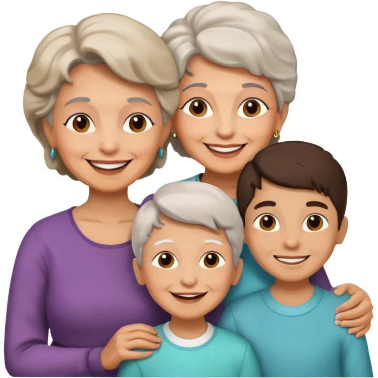 two kids (1 boy and 1 girl) with their mother and grand mother smiling emoji