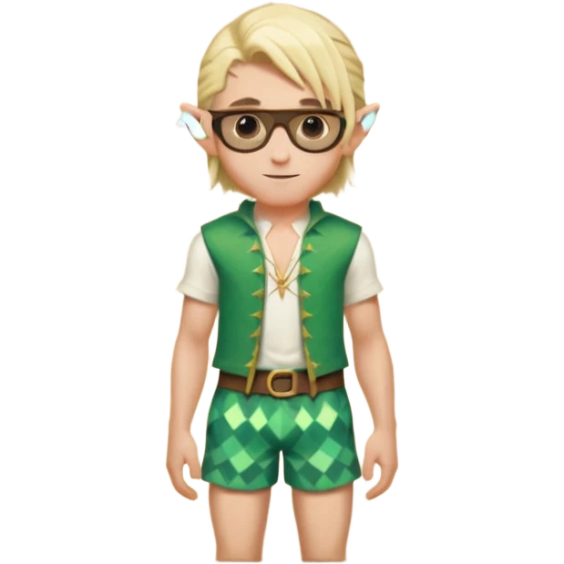 elf male legolas portrait, patterned board shorts (geometric/abstract), unique wooden-framed sunglasses, undercut hairstyle, slight smirk, visible pointy ears, no background, centered emoji, hipster summer vibe emoji