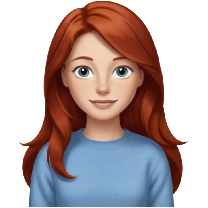 woman with long dark auburn red hair that is mostly straight but has slight waves to it. grey blue eyes. some freckles. wearing a Swedish style sweater that is neutral. smiling.  emoji