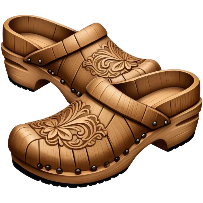 Cinematic Realistic Wooden Clogs Emoji, depicted as a pair of traditionally carved weathered wooden clogs with intricate details and rustic charm, rendered with rich textures and warm natural lighting that captures their cultural heritage. emoji