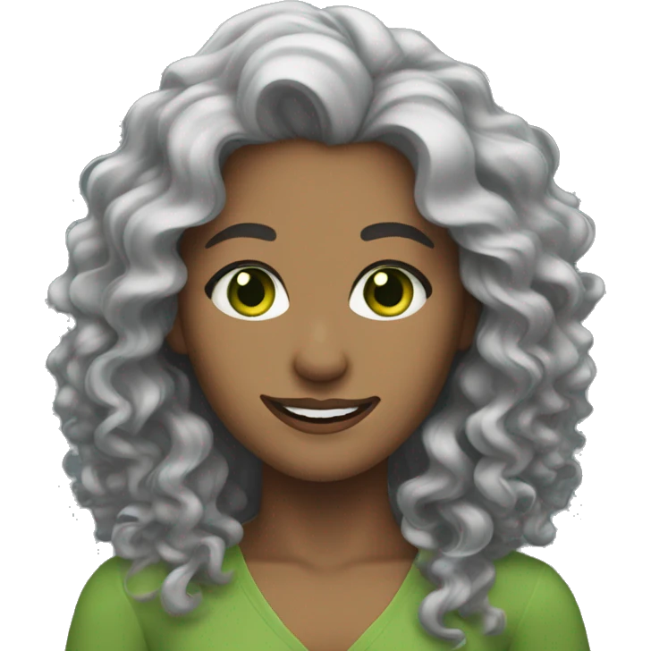 woman green eyes long, curly grey hair smiling emoji