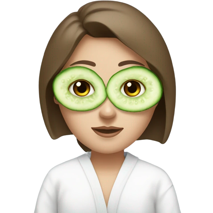 White girl with Brown hair and blue eyes wears a Green colored mask clay textured mask and puts on cucumbers around her eyes while She relaxes in her white Robe emoji