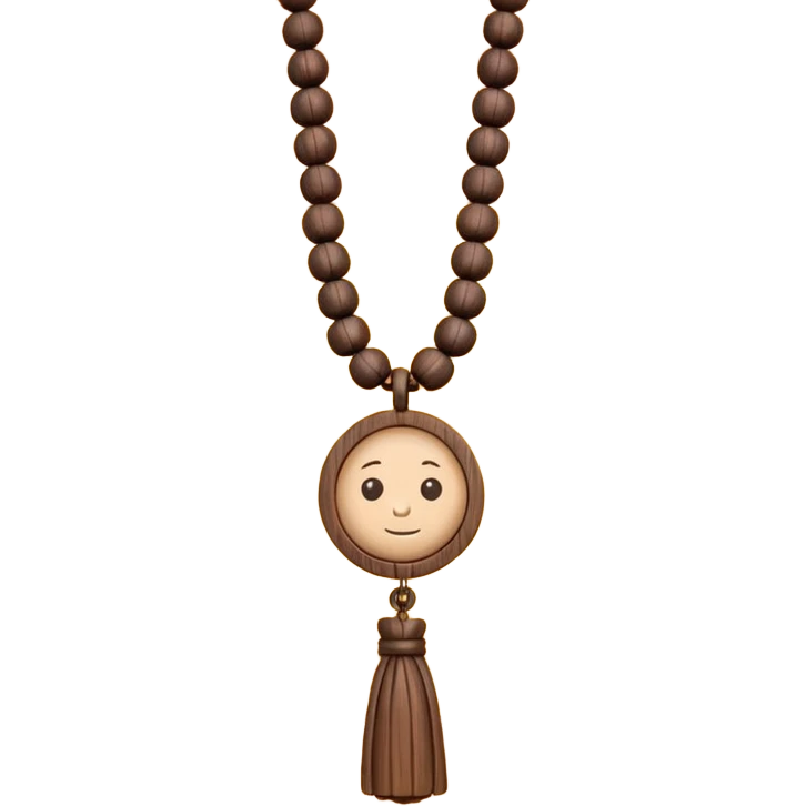 monk necklace object icon, wooden prayer beads with simple pendant, spiritual minimal design, natural wood texture, subtle sacred aura, 3D cartoon style, mobile game icon style, centered, clean background, no text, no watermark
 emoji