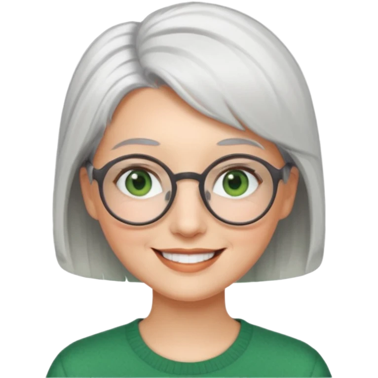 visage femme a lunettes ronde avec cheveux courts gris-blancs aux yeux verts qui souris emoji