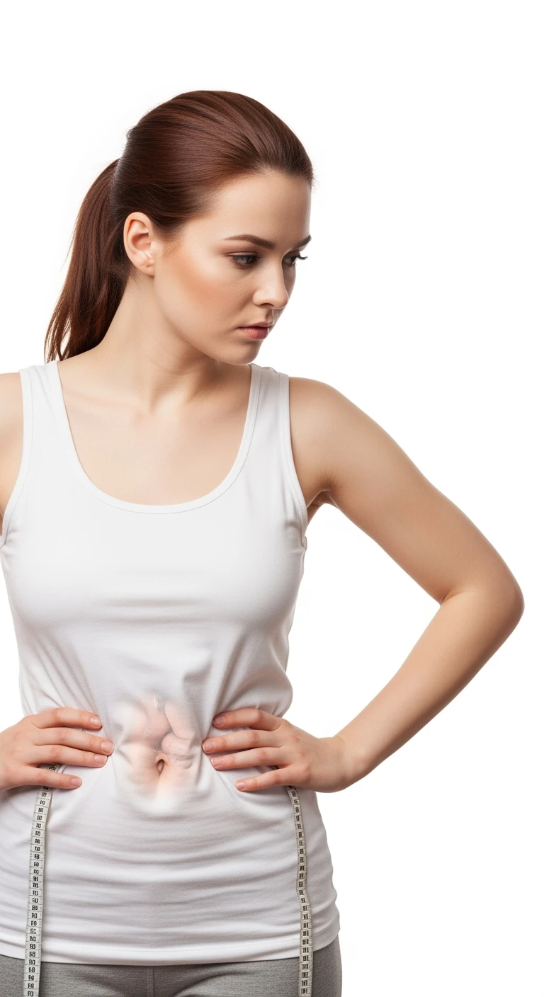 DONNA CHE SI STRINGE I FIANCHI CON LE MANI PER MISURARLI, INTESTINO ANATOMICO REALISTICO IN EVIDENZA, iperrealistico 4k, SENZA METRO, ISOLATA SU SFONDO BIANCO emoji