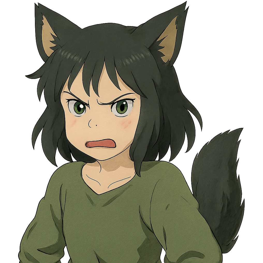A girl with black fox ears and a tail, green eyes, dark hair, looking angry emoji