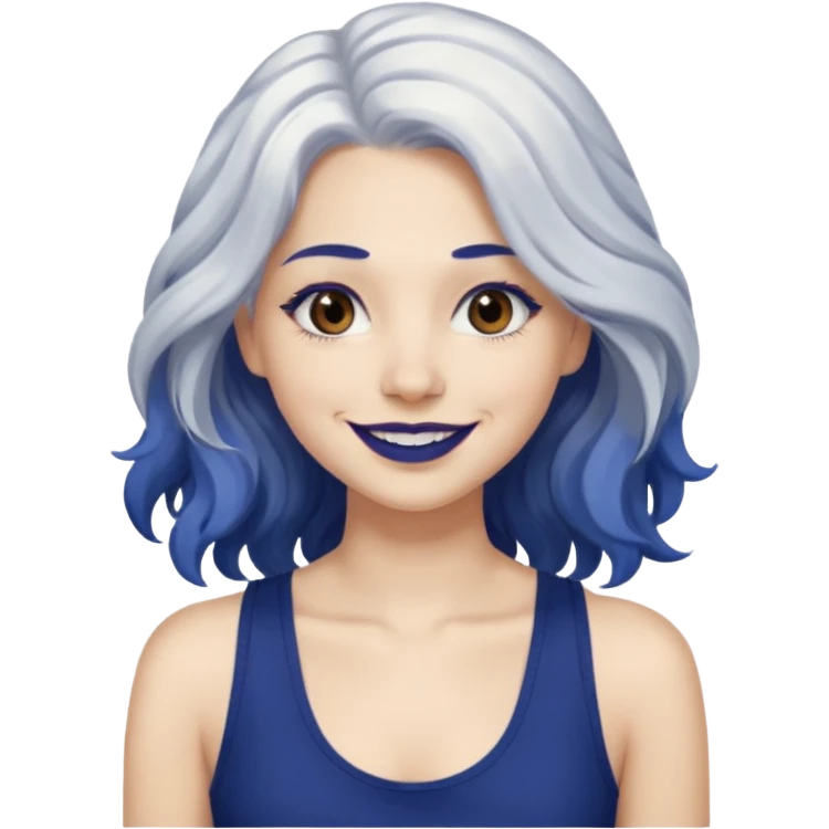 woman wavy with long white hair and brown eyes with dark blue lipstick smiling in a grunge tanktop emoji