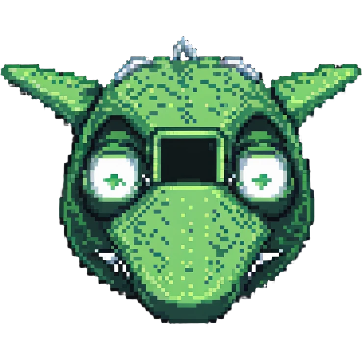 crocodile head as airplane nose, green and silver, pixel art style emoji