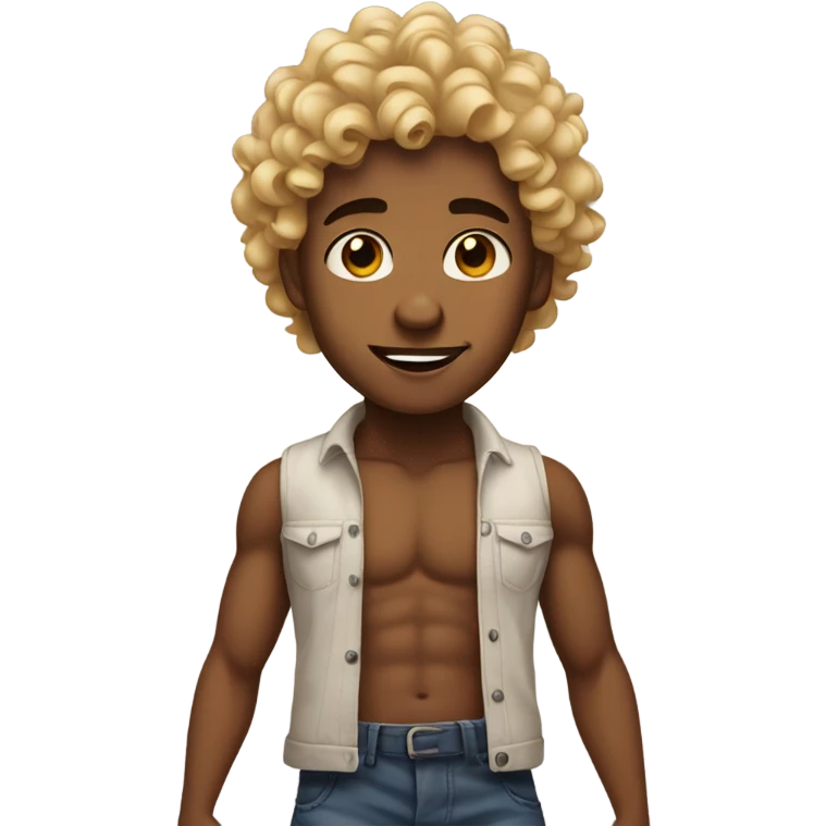 One Medium brown boy with blonde curly hair shirtless with tattoos , small eyes emoji