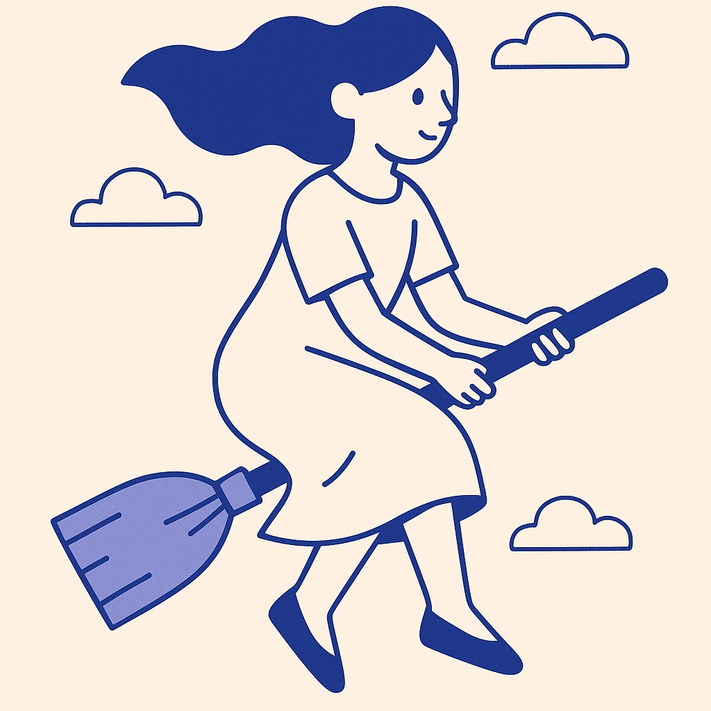 a simple girl flying on a broom, white dress, cartoon style emoji