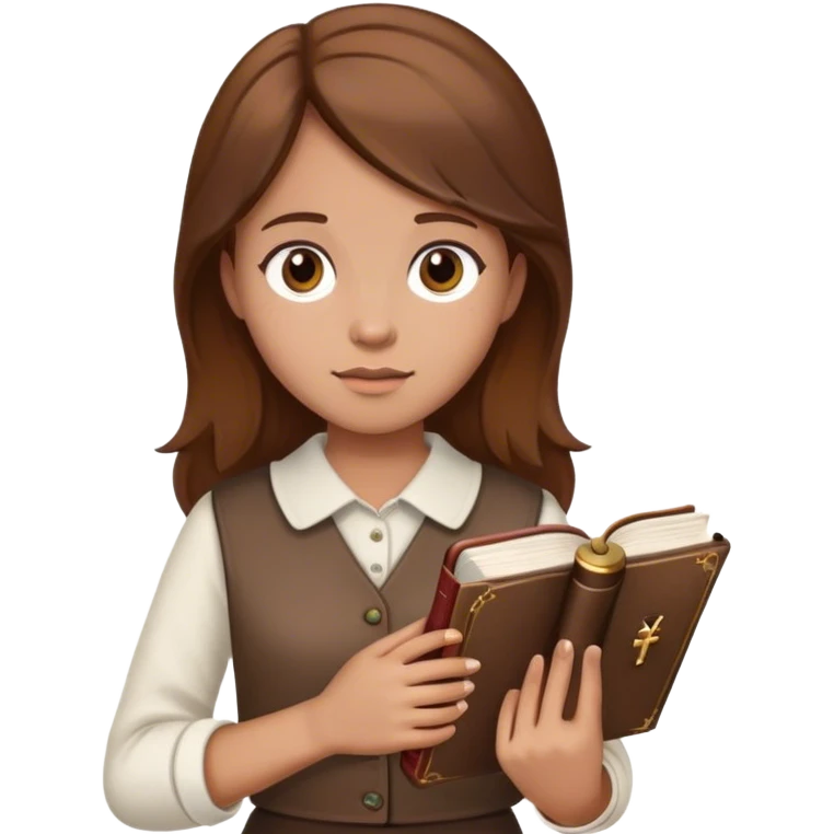 Girl with brown watch hair hold a bible emoji