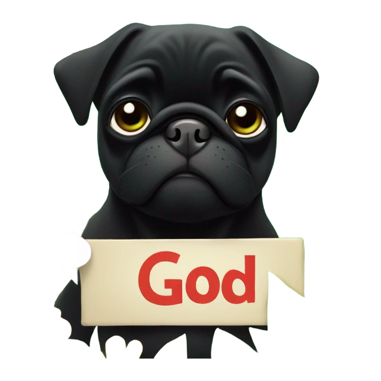 Black pug , surrounded by flowers, holding a green sign that says “good luck”  emoji