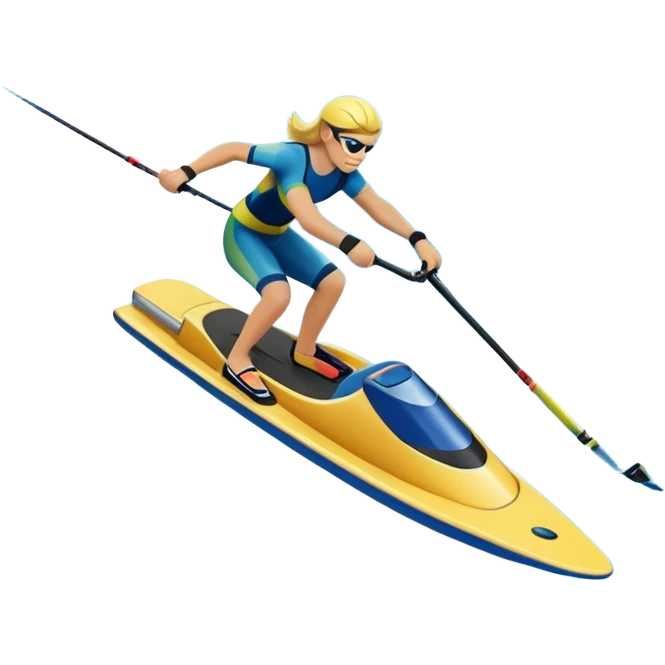 An icon showing water skis on the surface of the water, with the skis cutting through the waves, and a distant boat in the background creating a wake. The design highlights the smooth, dynamic motion of water skiing. Transparent background emphasizes the thrill of the sport emoji