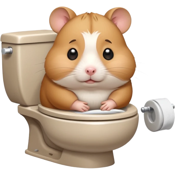 Cute chubby cartoon-style hamster sitting on toilet looking as if he had an accident, sticker-style illustration emoji