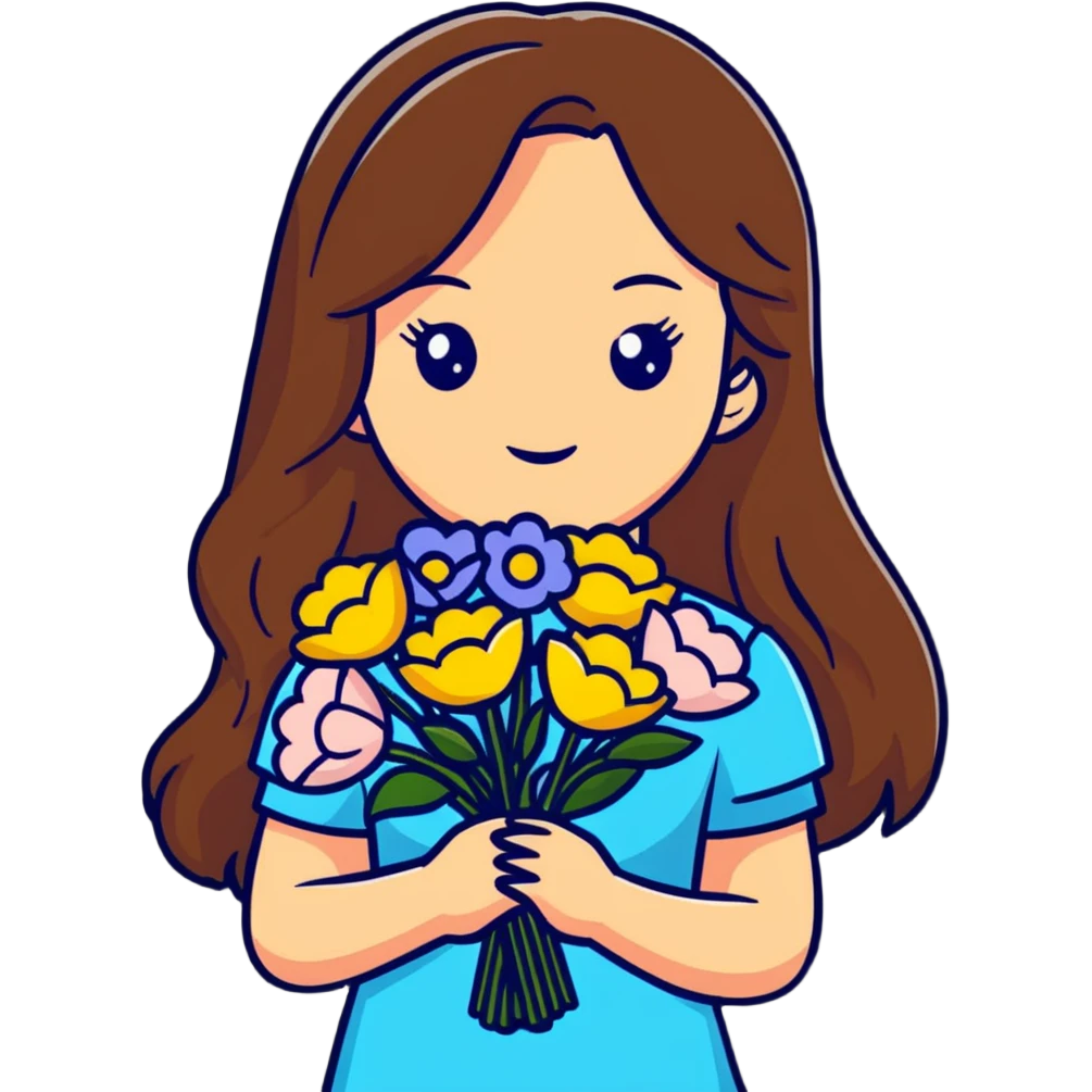 cool girl with long brown hair and fair skin holding a bouquet of flowers, stylish emoji