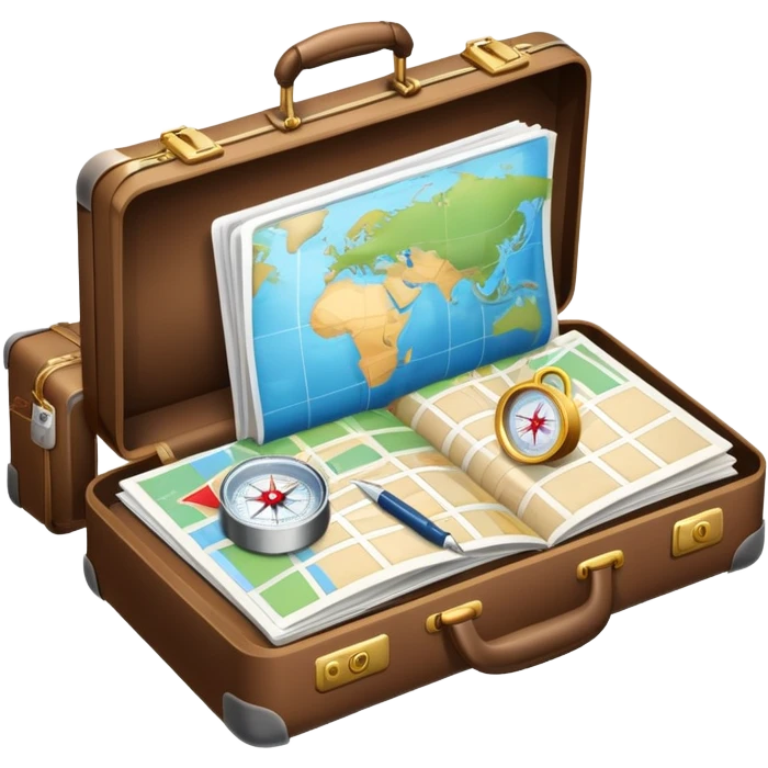 An icon featuring a suitcase, hotel building, symbolizing the scientific study of tourism and hospitality. The design includes a map, a compass, and a checklist, representing travel planning and service management. Transparent background highlights the academic exploration of the tourism industry. emoji