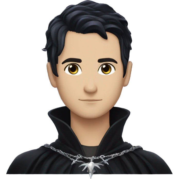 Rhysand has straight short blue-black hair, like a raven's feathers and violet/purple eyes, he wears a black cloak and a black and silver crown emoji