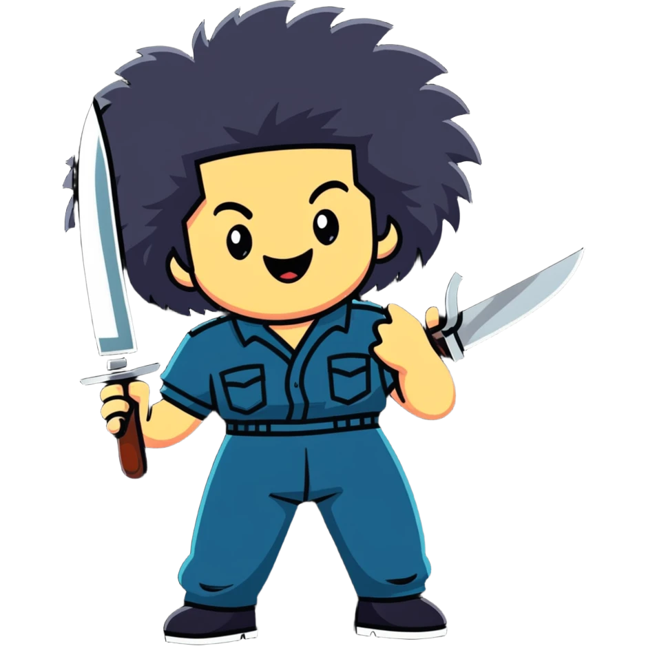 wild savage person in 1988 retro outfit with big hair, holding knife, evil laughing expression emoji