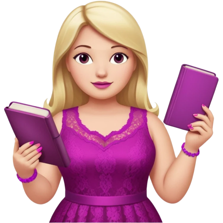 A plus-size white woman with long, straight blonde hair is wearing a magenta lace sleeveless dress. She is standing with magenta nail polish and holding a book and a crayon.. emoji