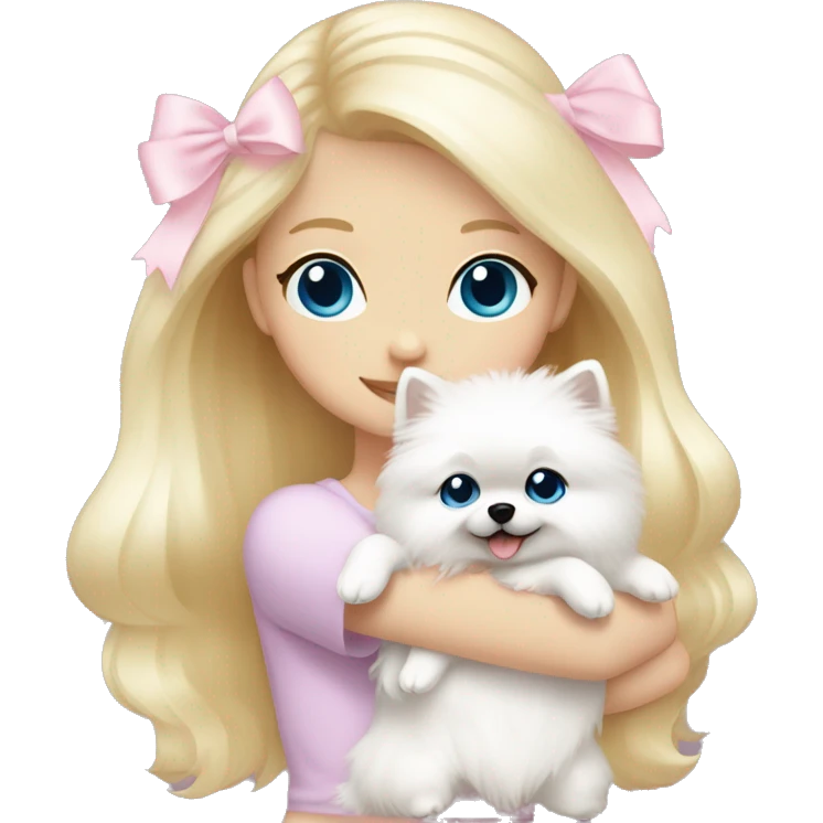 Blond girl white skin blue eyes hugging white Pomeranian with light pink bow emoji