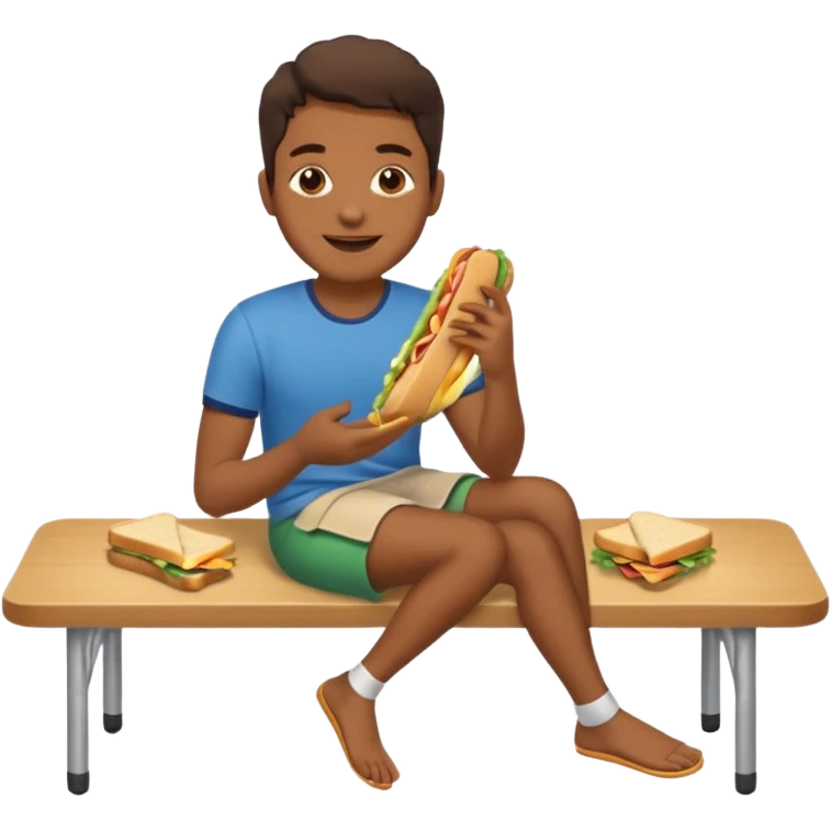 uma pessoa sentada em uma mesa. SENTADA em cima da mesa, como se a mesa fosse um banco. ai o banco vai ser alto e ela vai ta comendo num banco, sendo que ta sentado na mesa. tipo SENTADO na mesa mesmo, em cima da mesa emoji