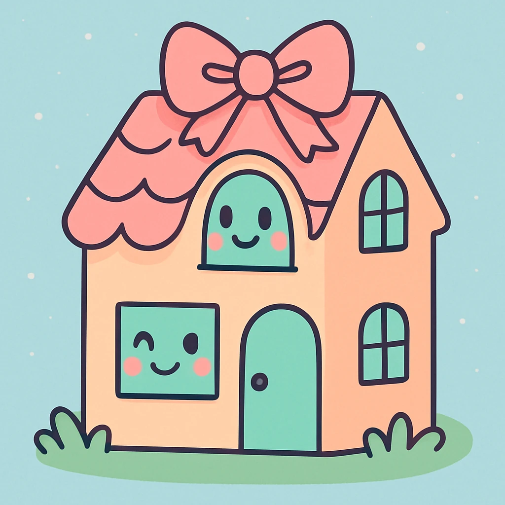 a pastel house with a bow, soft colors, cute and gentle style emoji