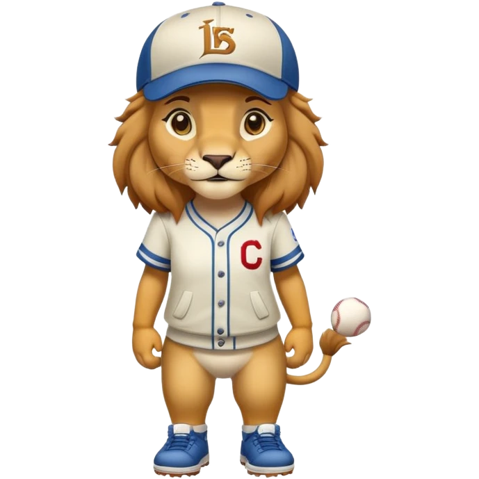 full-body friendly anthropomorphised female lion wearing a baseball cap emoji