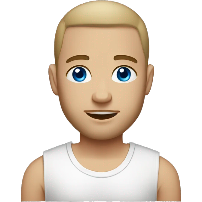 A guy with blue eyes, light skin, shaved hair under 0.5, a little beard on his chin, wearing a white T-shirt, a silver earring piercing with a cross on one ear. emoji