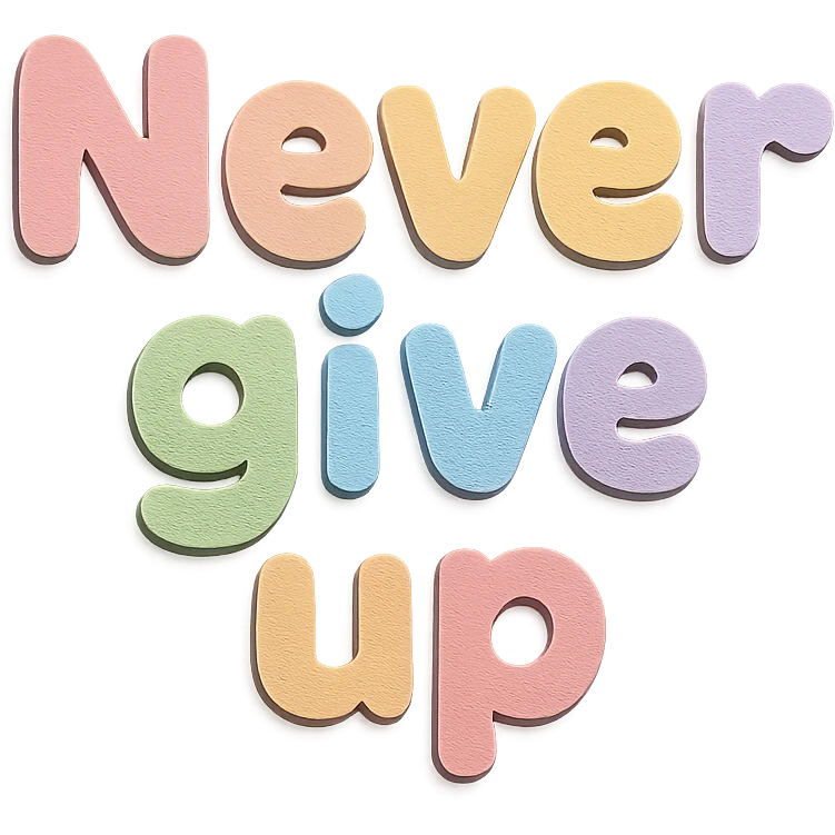 "Never Give Up" in soft pastel rainbow chubby soft text, kawaii sticker design, no outline, transparent background emoji