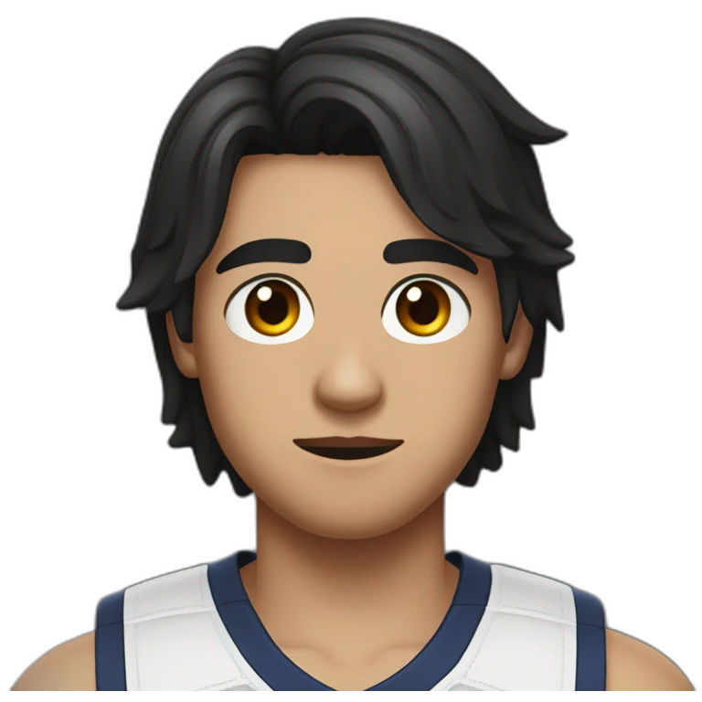 a 17-year-old boy with long, dark hair cut in a bob", with a black sports bandage on his forehead. Light mustache on his face  emoji
