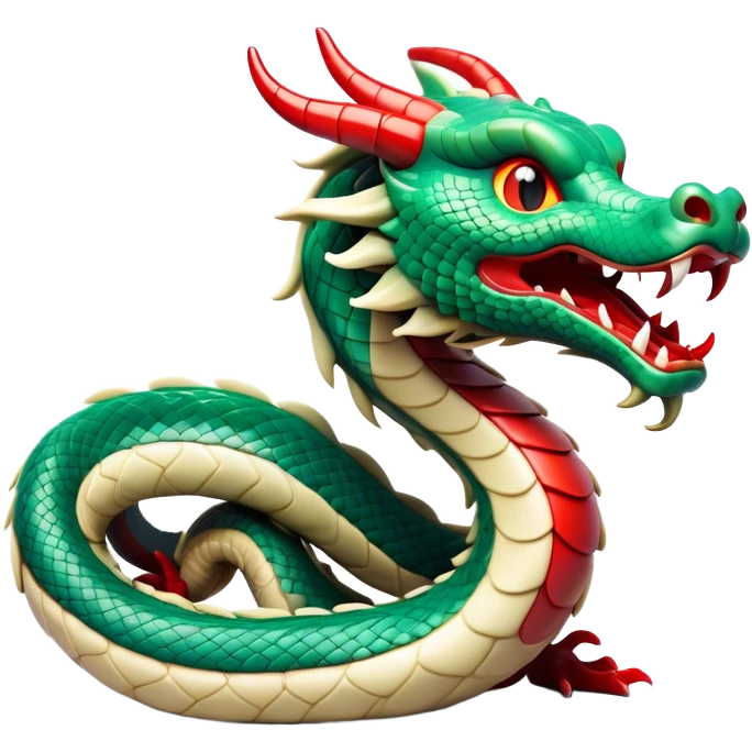 Cinematic Comical Chinese Serpent Dragon Portrait Emoji, Head tilted dramatically with an exaggeratedly amused expression, featuring a sleek, serpentine form adorned in luminous jade and vermilion scales interlaced with playful cloud and water accents; rendered with vibrant, lifelike textures and dynamic natural shadows, high shine, playful yet wise, styled with an air of cheeky ancient mystique, soft glowing outline, capturing the essence of a spirited and humorously enigmatic celestial dragon that looks ready to spiral into legendary lore! emoji