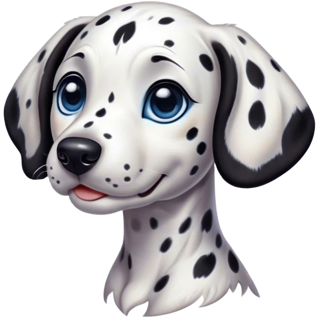 Cinematic Cute Spotted Dalmatian Portrait Emoji, Head tilted playfully and inquisitively, featuring a glossy Fur of predominantly white with dynamic black patches, round, sparkling blue eyes filled with gentle curiosity, Simplified yet irresistibly adorable features, highly detailed, glowing with a warm, friendly glow, high shine, affectionate and gentle, stylized with a touch of whimsy, bright and endearing, soft glowing outline, capturing the essence of a mischievous yet loving pup, so playful it feels like it could lumber out of the screen and into your arms! emoji