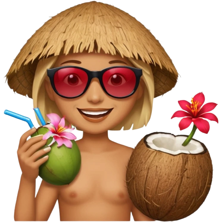 coconut drink with red flowers and summer vibe, with sunglasses and smiling emoji
