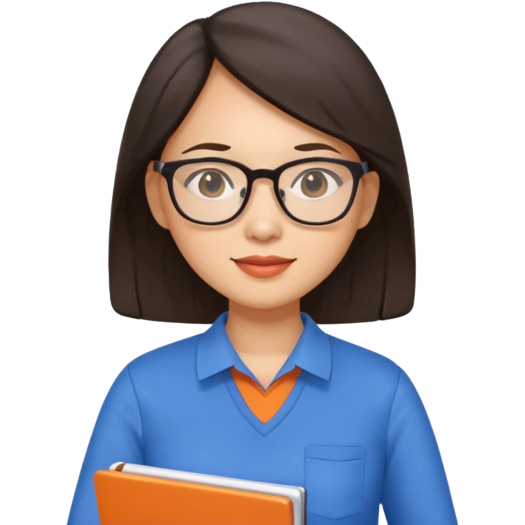 An asian brunette woman teacher with papers and laptop wearing glasses in blue and orange shirt emoji