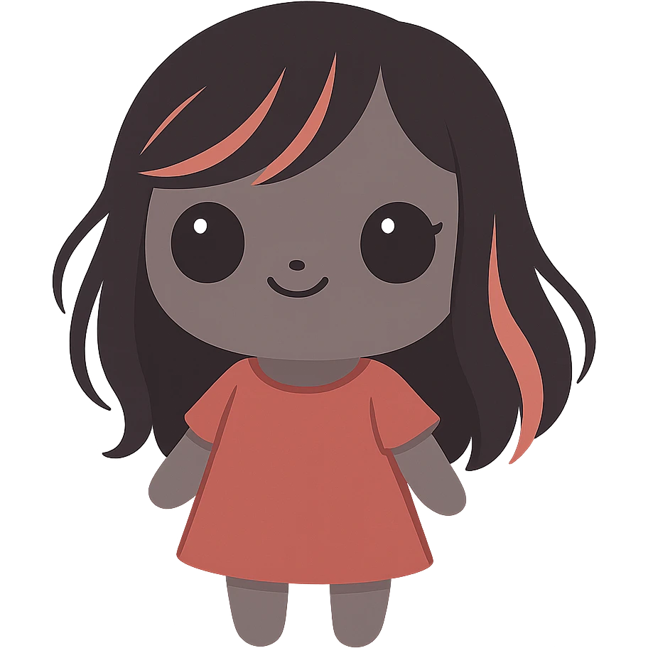 Add a red dress, remove ears, keep long black and red hair, keep the original style, no background. emoji