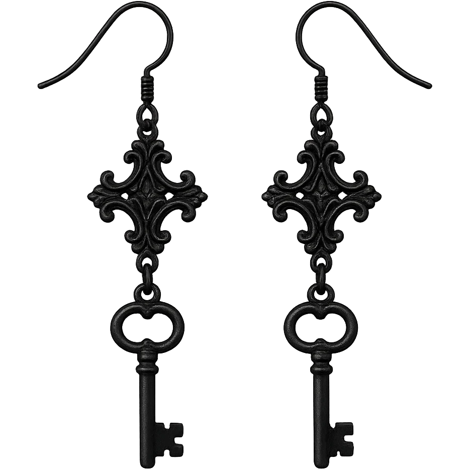 goth earrings, black key, vintage gothic, mysterious emoji